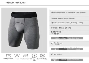 Dettagli dei pantaloncini a compressione grigi con fascia elastica e info sui tessuti