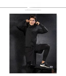 Three-piece men's athletic set featuring hooded jacket with shorts and compression leggings