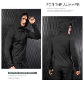 Front and back views of a slim-fit black men's windproof hooded sports jacket