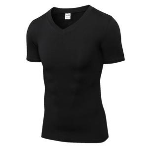 Men's V-neck compression sports T-shirt in black elastic fabric with athletic slim fit