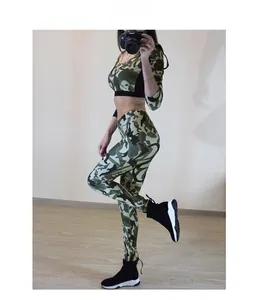 Detail of high-waist camo yoga set showing elastic long-sleeve crop top and matching leggings