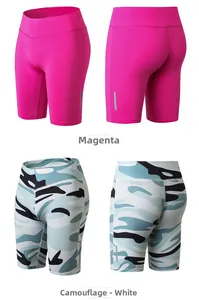 Detail of high-waist fitness shorts in rose red and camouflage with reflective side stripes