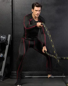 Men's compression long sleeve shirt and pants set with red stitching for pro fitness training