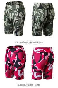 Detail view of high waist camo yoga shorts with reflective stripes in green and red