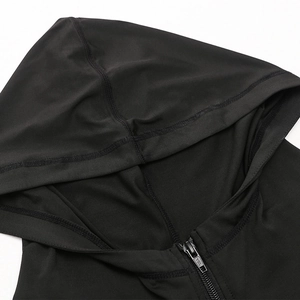 Detail of hooded sports jacket showing collar, smooth zipper and reinforced stitching