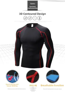 Detail of men's compression shirt with red stitching, four-needle six-wire seam and breathable fabric