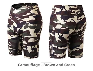 Detail of high waist camouflage yoga shorts featuring side reflective safety strip