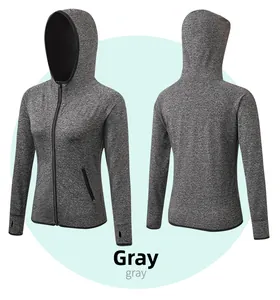 Sweat à capuche fitness gris pour femme avec zip, passe-pouces et tissu respirant