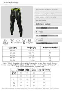 Size chart for men's athletic compression pants with detailed height and weight guide