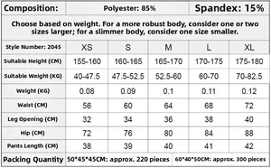 Size chart for women's yoga shorts showing measurements for waist, hip, and length