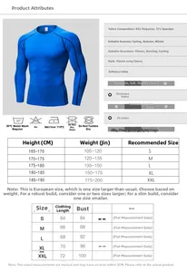 Men's compression fitness long sleeve shirt size chart with fabric and measurement details