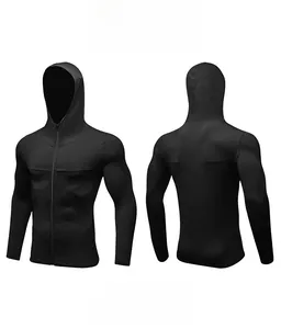 Front and back views of black hooded sports jacket with compression fit and zipper