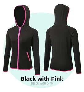 Vues avant et arrière d'une veste de sport pour femme noire et rose avec passe-pouces