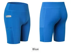 Women's blue high-waisted yoga shorts with functional side pocket for mobile phone storage