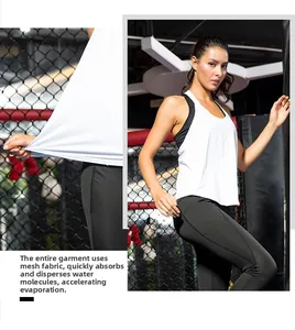 Breathable white mesh yoga tank top with high elasticity and quick-dry fabric detail