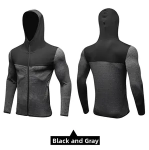 Detail of men's quick-dry sports hoodie with black and grey splicing and full zip