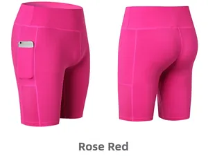 Detail showing the side pocket of rose red high-waisted yoga shorts with phone storage