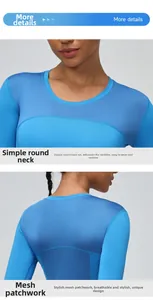 Detail of blue athletic long sleeve top featuring breathable mesh panels and crew neck