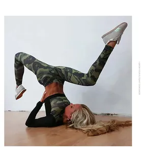 Detail of camouflage high-waist fitness set showing high elasticity and fabric stretch