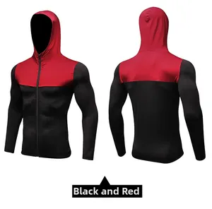 Front and back view of men's quick-dry red and black hooded sports jacket with zipper