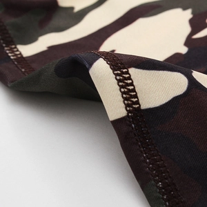 Macro detail of camouflage yoga shorts showing high-quality stitching and texture