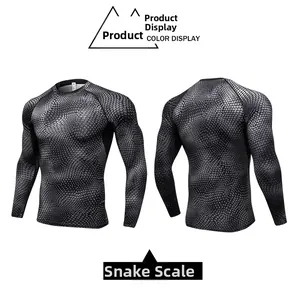Detailed front and back views of 3D snake scale pattern compression fitness shirt