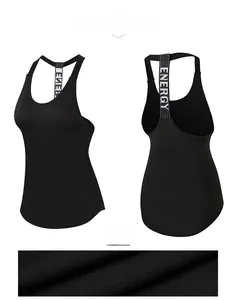 Detail view of black racerback sports vest featuring ENERGY logo and breathable mesh fabric