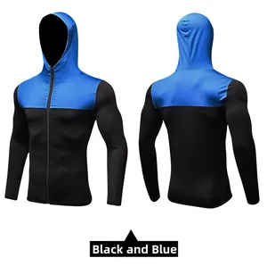 Front and back detail of a quick-dry hooded sports jacket in black and blue contrast