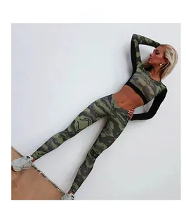Detail view of women's camo fitness set with long sleeve crop top and high waist leggings