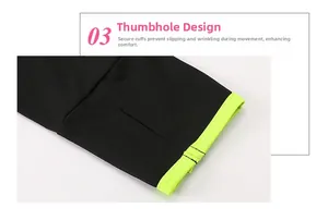 Détail de la manche de veste sport avec trou pour le pouce et bordure vert néon élastique