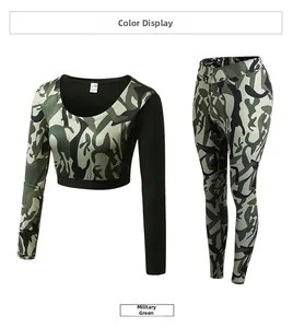 Detail view of military green camo yoga set with long sleeve crop top and leggings