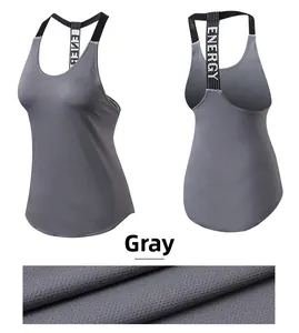 Detailed views of grey yoga tank top with ENERGY text and breathable mesh fabric