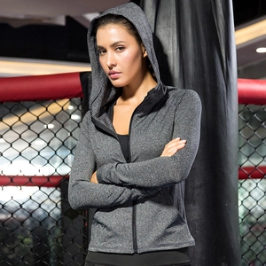 Women's slim fit grey heathered zip-up hooded sports jacket for yoga and running