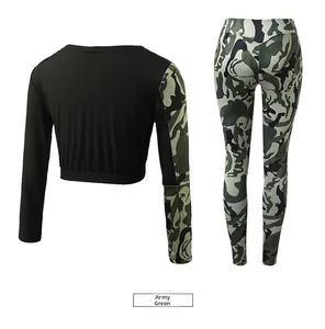 Army green camouflage workout set featuring elastic compression leggings and crop top