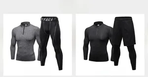 Men's half-zip sports sweatshirts and compression leggings sets in grey and black