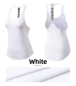 Detail view of white quick-dry yoga vest with breathable mesh and ENERGY straps