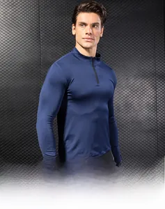 Close-up of men's navy blue quarter-zip standing collar fleece athletic sweatshirt