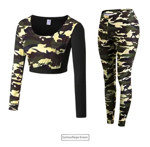 Detailed flat lay of brownish green camo two-piece fitness set with size M label visible