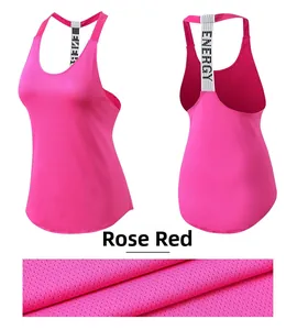 Detail view of rose red racerback tank top with mesh fabric and ENERGY letter print