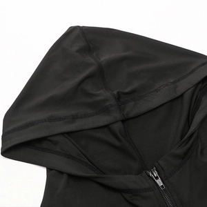 Women's black hooded fitness jacket with zipper closure and professional stitching detail