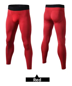 Front and back view of red men's compression pants with mesh panels and elastic waistband
