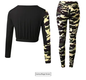 Back view of women's two-piece camo fitness set with long-sleeve crop top and high waist pants