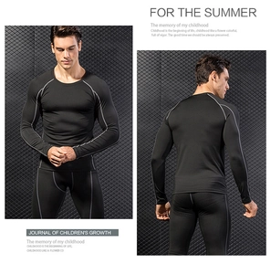 Front and back view of men's compression long sleeve top and pants with grey contrast seams