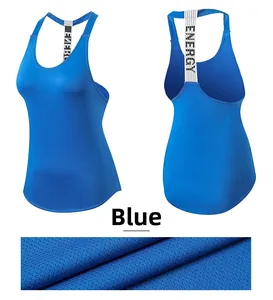 Detail view of blue racerback yoga tank top with breathable mesh fabric and ENERGY straps