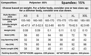 Detailed size chart for women's yoga shorts showing dimensions from XS to XXL in cm