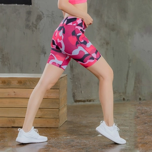 Women's pink camo high waist yoga shorts with side pocket for running and fitness training