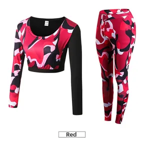 Detailed flat lay of red camo yoga set showing cropped long sleeve top and leggings