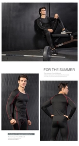 Men's compression suit detail showing high-stretch quick-dry fabric and ergonomic stitching