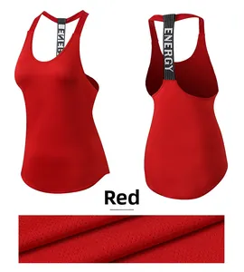 Close-up of red sports tank top featuring T-back design and breathable ENERGY fabric
