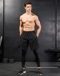 Macro shot of men's black 2-in-1 sports leggings with breathable quick-dry stretch fabric
